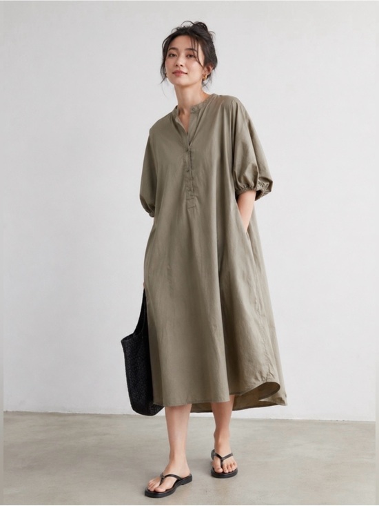 COS Dresses & Skirts - COS Olive Green Balloon Sleeve Button Down Tunic Dress Cotton Comfort Minimalist